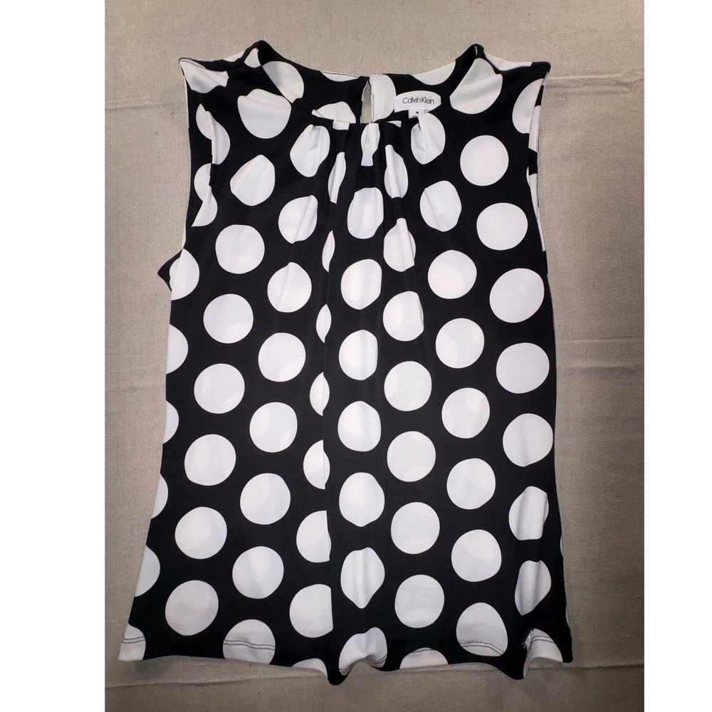 Calvin Klein Womens Polka Dot Sleeveless Pleated Neck Blouse Black White Size M